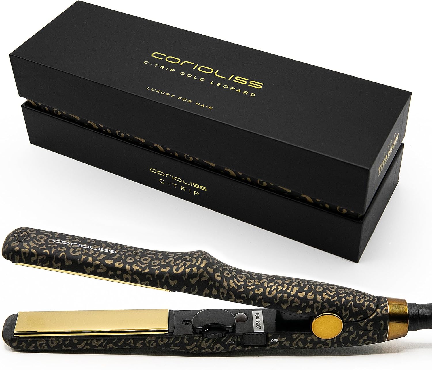 stylscomercial-stylsigualada-plancha corioliss C-trip gold leopard-plancha mini viaje-caja